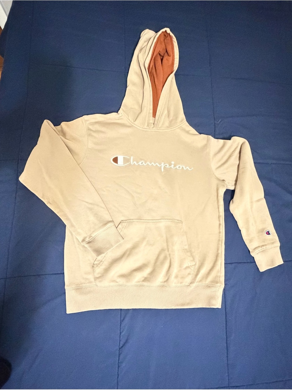 Champion Beige Pullover Hoodie with Rust Hood Lining